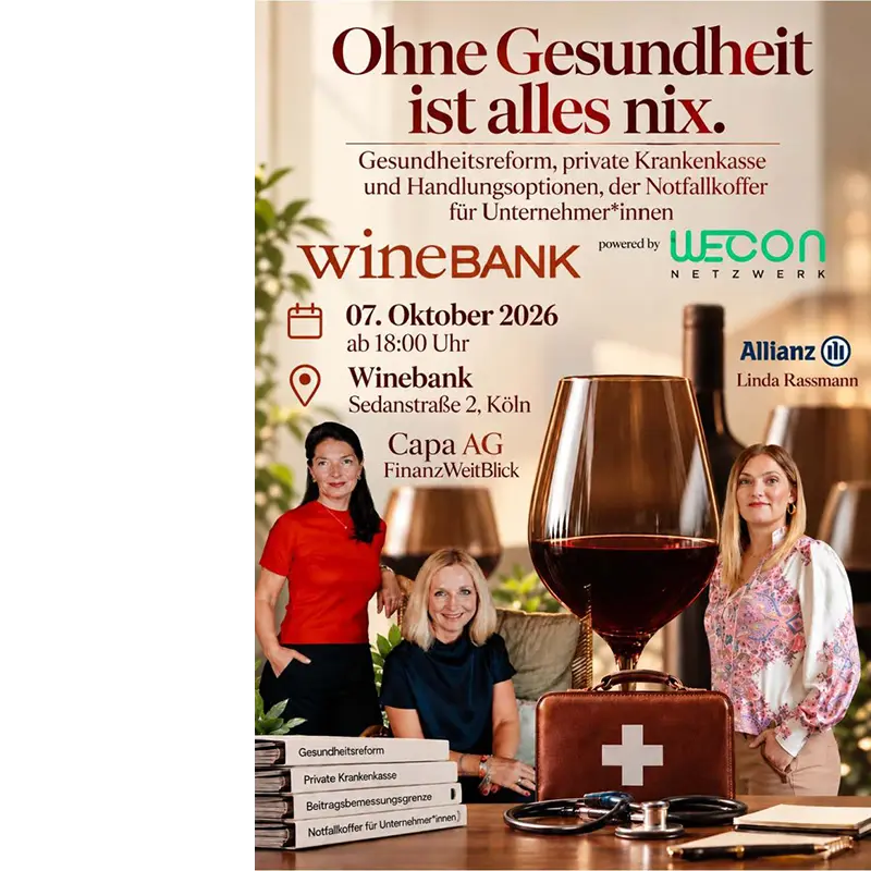 Angelika Henker, Coleen Trebschick und Linda Rassmann, ein Rotweinglas, ein medizinischer Notfallkoffer mit Stethoskop sowie Bücher zu Gesundheitsreform, privater Krankenversicherung und dem Notfallkoffer für Unternehmer*innen.